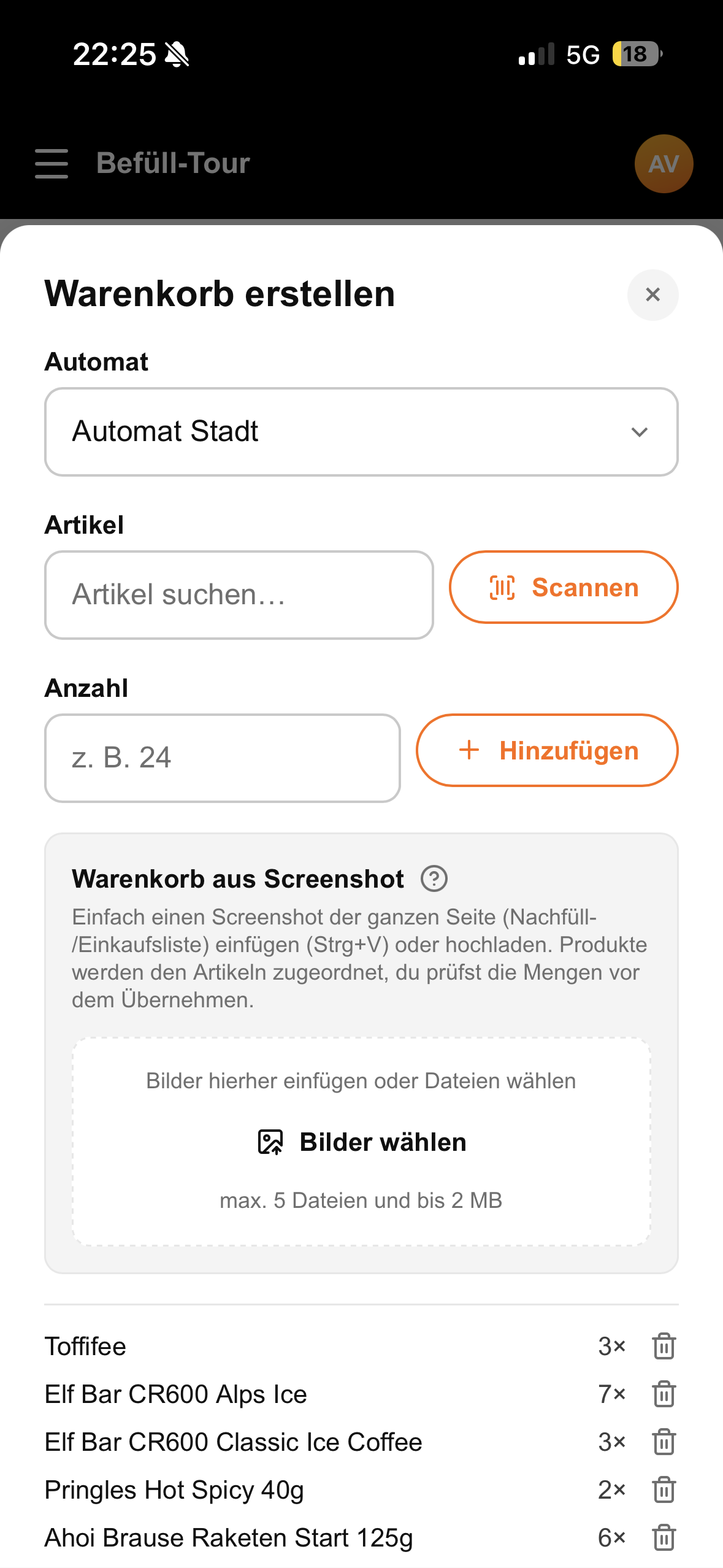 Warenkorb am Handy erstellen, mit Barcode-Scanner