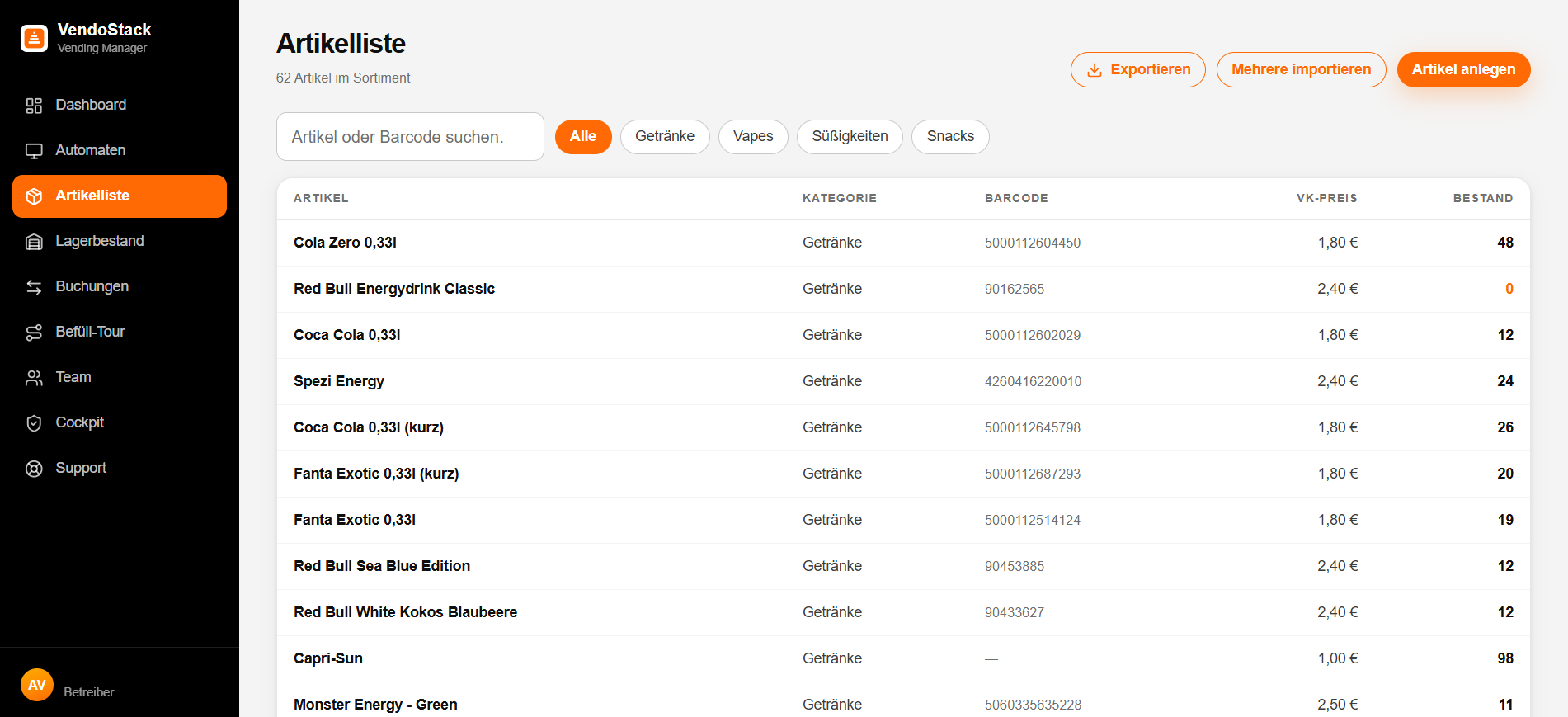 VendoStack-Artikelliste mit Kategorie, Barcode, VK-Preis und Bestand je Artikel
