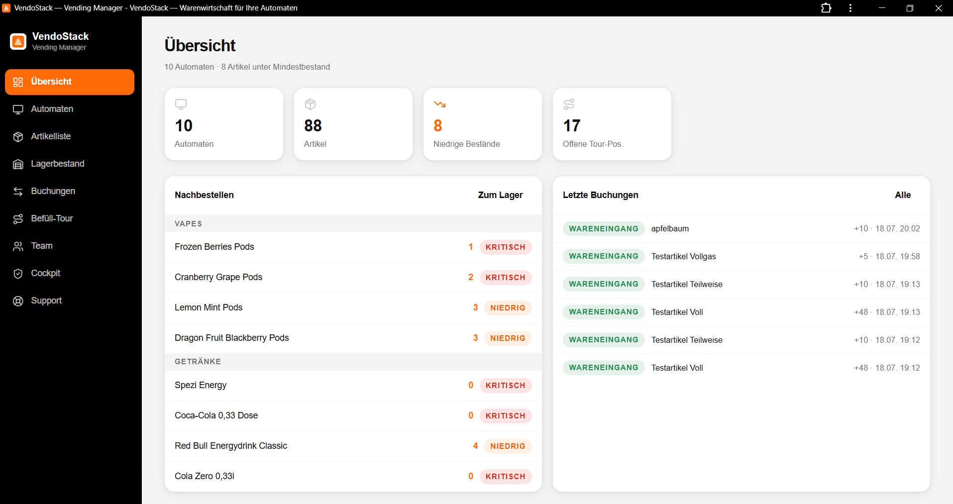VendoStack-Dashboard mit Beständen, Unterbestand-Warnungen und letzten Buchungen
